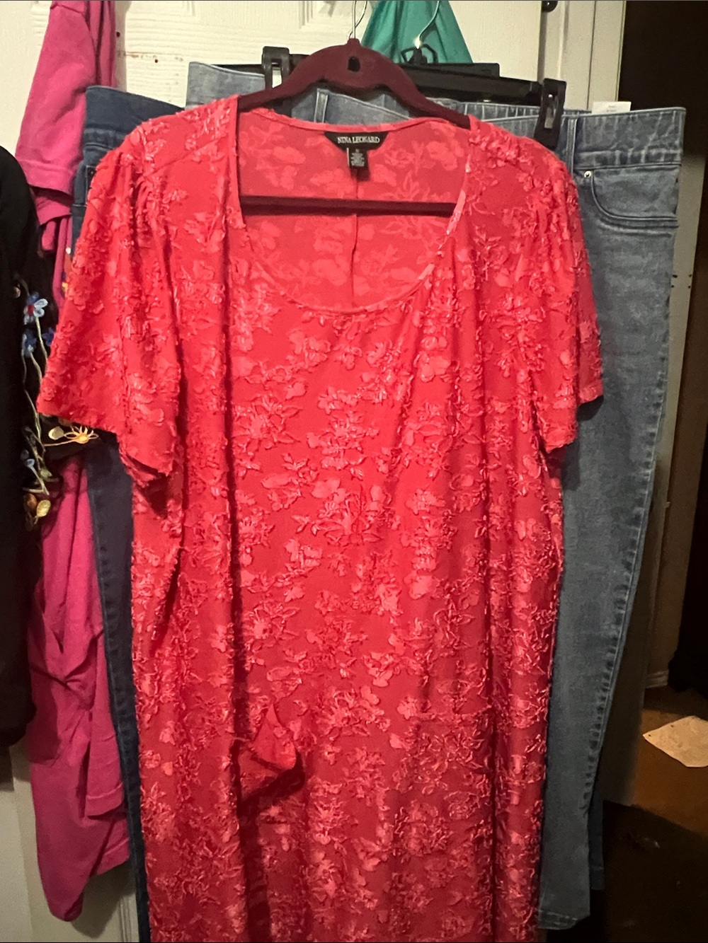 Nina Leonard Coral-Red Floral Lace Midi Dress